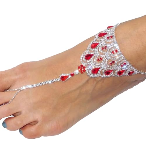 1Pair Summer Beach Water Drop Anklet Rhinestone Toe Ring Foot Chain Bridal Crystal Barefoot Anklet Sandal High Heels Accessories for Women - color: Red