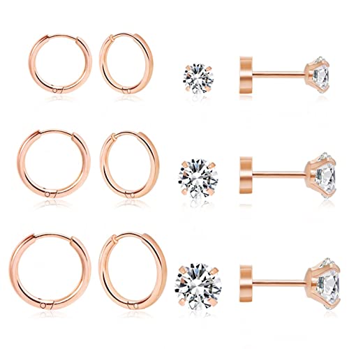 Dainty 6 Pairs Surgical Steel Earrings Sets for Multiple Piercing, Lightweight 14K Gold Plated Small Huggie Hoop Earrings, Flat Back Tiny Ball CZ Stud Earrings for Cartilage, Helix, Lobe, Hypoallergenic - style: Rose Gold- Huggie Hoops and CZ Studs