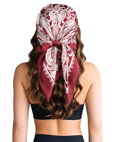 Sumolux Head Hair Scarf for Women Like Satin Silk Scarf Bandana Hair Wrapping Night Large Square Scarves 27.5" - color: Wine Red Cashew Nuts