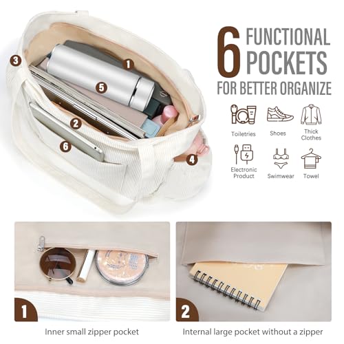 Corduroy Tote Bag for Women,Large Capacity Cute Tote Bags With 6 Pockets,Crossbody Shoulder Handbag for Work Travel Gym - color: Beige