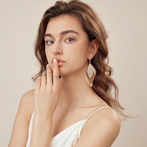 ANXIN boho unique Leather Earrings 2 Layered Lightweight Faux Leather Leaf Earrings Layered Design Drop Earrings Gift for Women - color: Style A