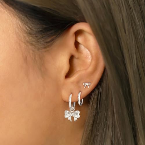 3 Pairs Small Earring Stacks, 14K Gold/Silver/Black/Rose Gold Plated Pearl Heart Butterfly Star Diamond Charm Drop Huggie Earrings Trendy Jewelry Gift for Women - color: Silver-Bow