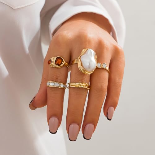 Chunky Gold Rings for Women Non Tarnish Statement Flower Ring Baroque Pearl Stackable Rings Set 6Pcs Chunky Jewelry - color: Gold 2