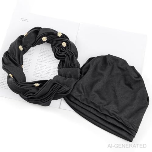 Woeoe Women African Turban Pre-Tied Twisted Beanie Cap Headwear Rhinestone Soft Stretchy Head Turbans - color: Black