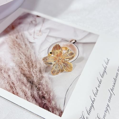 Chic Flower Adjustable Open Finger Statement Ring for Women 18K Gold Vintage Plant Floral Stackable Wrap Knuckle Middle Rings Dainty Extendable Cocktail Party Holiday Jewelry
