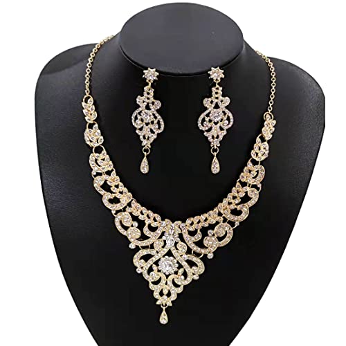 Hapibuy Crystal Wedding Jewelry Set Necklace Earring Set For Women and Brides Rose Gold and Silver Bridal Statement Jewelry sets - color: Gold necklace earrings bracelet