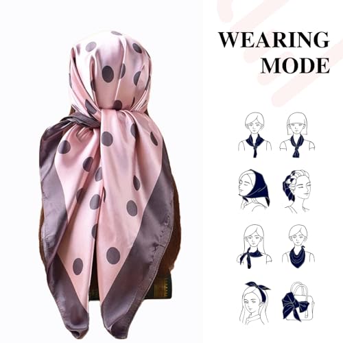 35” Satin Large Square Head Scarves-Like Silk Satin Scarf for Hair Wrapping at Night Bandana Square Scarf for Sleeping - color: Big Polka Point-pink