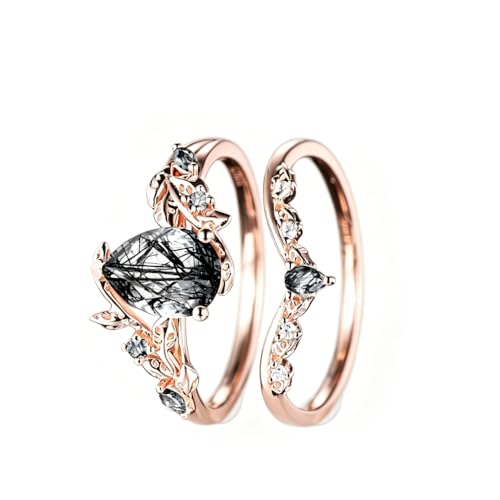 Boho Gothic Pear Shaped Black Rutilated Quartz Stacking Ring Set Nature Leaf Engagement Ring Set 2 Piece Wedding Band with Moissanite Accents Unique Anniversary Birthday Gift for Women