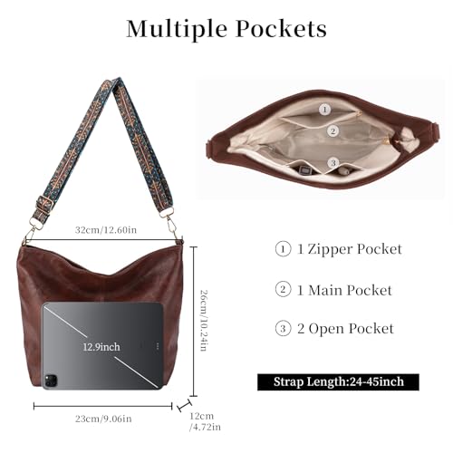 Hobo Bags for Women Crossbody Bag Guitar Strap Purse Vegan Leather Shoulder Handbags Boho Purses Tote Bucket Bag - color: Coffee