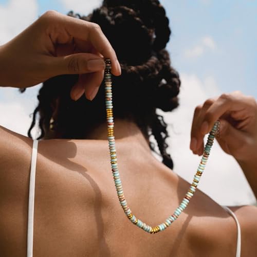 KissYan Boho Beaded Choker Necklace for Women, Gemstone Choker Natural Stone Freshwater Pearl Surfer Necklaces 14K Gold Plated Summer Beach Handmade Jewelry - color: P-Blue Red