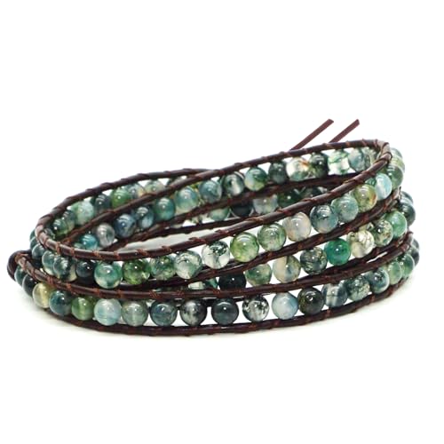 3 Wrap Genuine Leather Bracelet Gemstone Bead - color: Planet Green Ocean Grass Agate