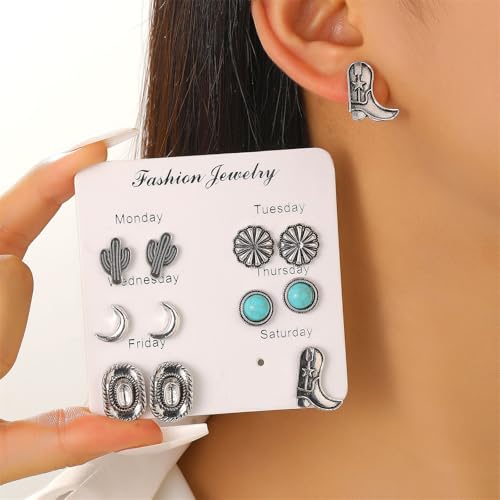 Western Jewelry Set for Women Bohemian Turquoise Layered Pendant Necklace Vintage Western Boho Turquoise Earring Leather Bracelet Ring Set Country Cowgirl Accessories Jewelry - style: 16 PCS Western Jewelry