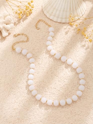 Colorful Beaded Necklace for Women Chunky Resin Beads Choker Necklaces Boho Statement Necklace Summer Vacation Y2K Jewelry - color: White