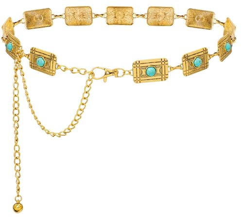 Women Western Chain Belt Adjustable Turquoise Metal Waist Chain Boho Chain Link Belt for Jeans or Dresses - color: Turquoise Square Gold, size: L: 53.1 in/135 cm