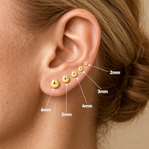Sterling Silver Earrings for Women: Hypoallergenic 925 Sterling Silver Round Ball Stud Earrings for Women Multiple Piercing 5 Pairs Tiny Stud Earrings 2mm 3mm 4mm 5mm 6mm - style: Gold stud earrings