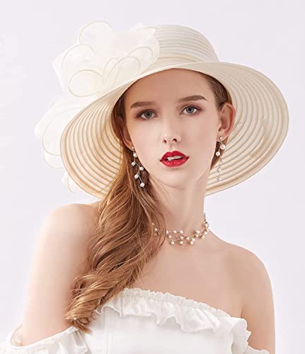 Women's Kentucky Derby Church Dress Hat Wide Brim Leaf Flower Bridal Shower Hat - color: 01 Cream