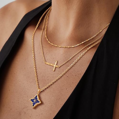 Fettero Gold Clover Necklace for Women Dainty 14K Gold Plated CZ Pendant Necklace Adjustable Chain Choker Charm Colorful Clover Pendant Lucky Necklaces for Women Jewelry - color: Dark-blue