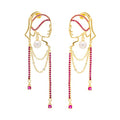 Unique Abstract Face Art | Dangle Statement Long Earrings for Women | Rhinestone Tassel Handmade Chandelier Earrings - color: Golden Red Diamond