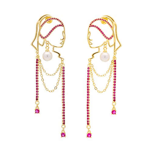 Unique Abstract Face Art | Dangle Statement Long Earrings for Women | Rhinestone Tassel Handmade Chandelier Earrings - color: Golden Red Diamond