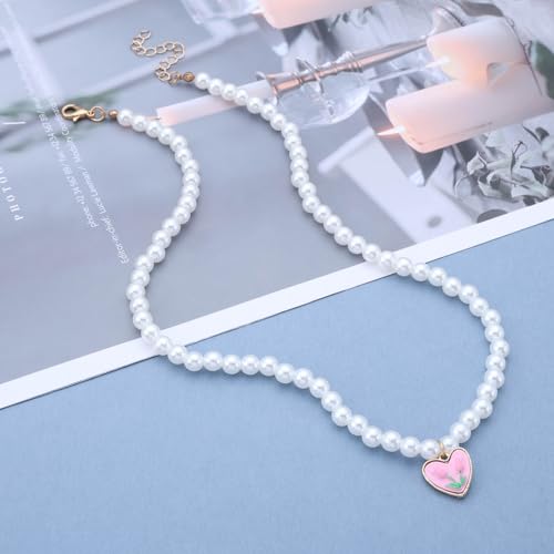 Pearl Heart Pendant Necklace Vintage Pearl Choker Necklace Pink Tulip Flower Pearls Necklaces Love Pearls Collar Necklaces Jewelry for Women