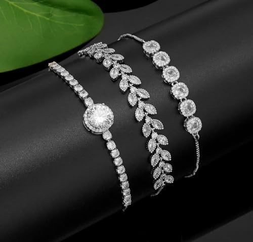Tennis Bracelet for Women Cubic Zirconia Bracelets Adjustable Slider Bracelets - color: Silver