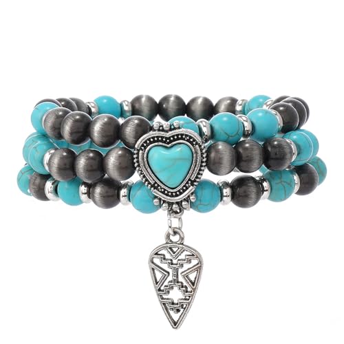 Western Turquoise Beaded Bracelet Stack - Vintage Cowgirl Stretch Set with Bull Skull, Feather & Boot Charms, Handmade Boho Jewelry for Rodeo, Country Concerts & Casual Western Outfits - style: 3