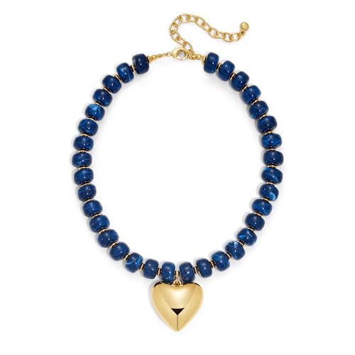 WOWORAMA Chunky Heart Necklaces for Women Colorful Resin Beaded Choker Necklace Gold Puffy Heart Statement Necklace Trendy Acrylic Choker Jewelry - color: Navy-Blue