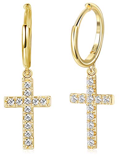 MILACOLATO 925 Sterling Silver Hoop Earrings for Women 18K Gold/Rhodium Plated Drop Dangle Hoop Earrings with Charms Cross Spike Moon Star Paperclip Link Statement Earrings Convertible Link Huggie Earrings Hypoallergenic - color: Gold Tone : Hoop with Dan