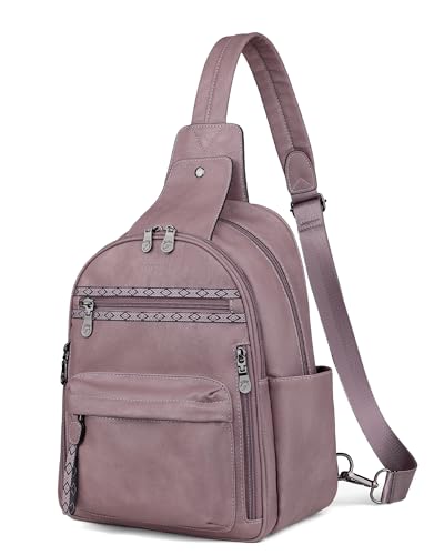 FADEON Large Sling Bag for Women, Leather Crossbody Purse Designer Anti Theft Sling Backpack, RFID Fanny Packs for Travel - color: Purple Retro Style