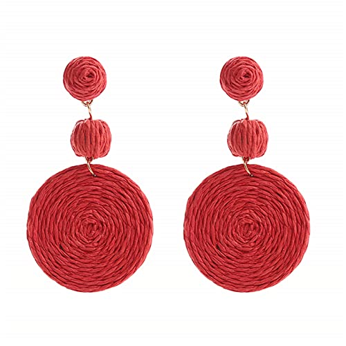 Boho Raffia Ball Earrings for Women, Handmade Statement Drop Earrings Straw Dangle Earrings Beach Vacation Jewelry - color: Red