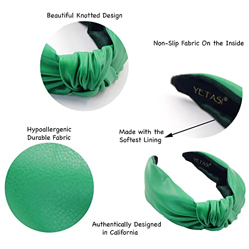 Green Leather Headbands for Women are Made of Comfy Non Slip Material. Trendy Year-round Wearable All Day Knotted Headband for Woman is a Top Knot Fashion Designer Girls Head band - color: Green