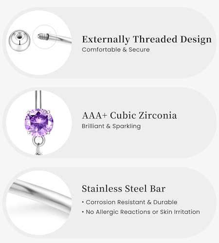BSJ4U 8Pcs Gold Pink Silver Belly Button Ring Dangle Navel Belly Piercing Jewelry Cute CZ Butterfly Heart Flower Bow Navel Belly Rings for Women 14G Hypoallergenic Surgical Stainless Steel Dainty Dangling Dangly Belly Button Piercing Pack - color: Purple