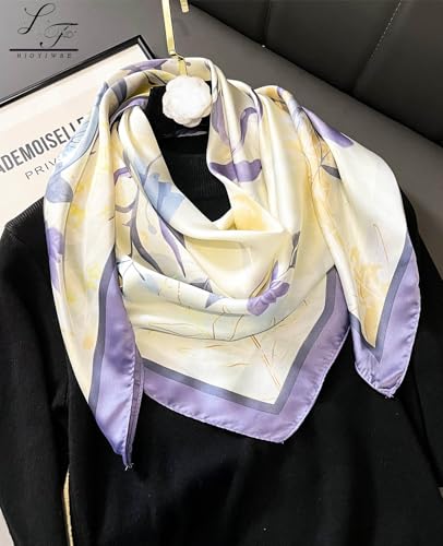 Hioyiwse Head Scarf For Women Hair Bandana 35" Large Square Satin Wrap Sleeping Neck Silk Satin Hair Scarves Lightweight - color: F33-purple Flowers（35*35inch）