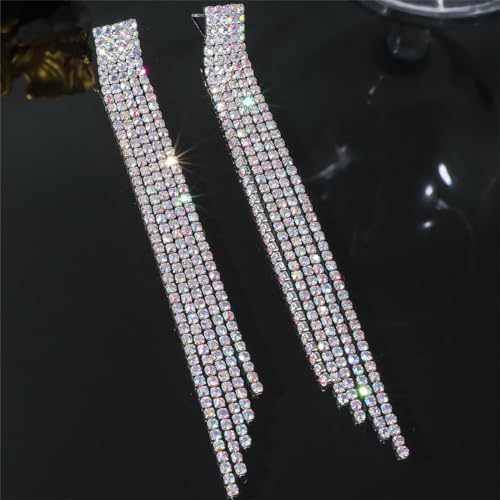 Rhinestone Tassel Earrings Sparkly Long Fringe Crystal Chandelier Dangle Drop Earrings Wedding Party Prom Earrings Premium Iridescent Earrings Wedding Party Jewelry Gifts for Women - color: Silver6