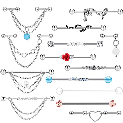Suotarn 14G Industrial Piercing Jewelry For Women Men Stainless Steel 38 Industrial Barbell Long Cartilage Helix Conch Earrings Stud 14G Gauges Industrial Jewelry Butterfly Heart Cool 7-18pcs - color: Set # 5