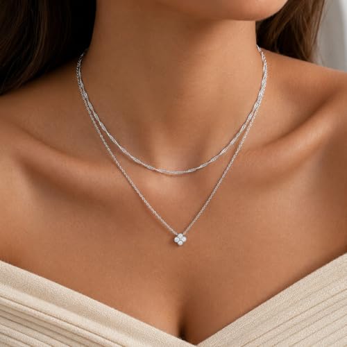 Dainty Gold Necklaces for Women Trendy Non Tarnish 14K Gold Plated Cubic Zirconia Necklace Layered Simple Cute Four Leaf Clover Choker Jewelry Birthday Gifts - color: Silver, style: Layered CZ