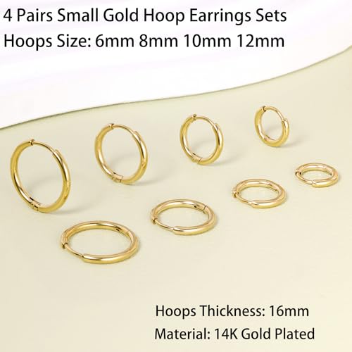 Dainty 6 Pairs Surgical Steel Earrings Sets for Multiple Piercing, Lightweight 14K Gold Plated Small Huggie Hoop Earrings, Flat Back Tiny Ball CZ Stud Earrings for Cartilage, Helix, Lobe, Hypoallergenic - style: 14K Gold Plated-6/8/10/12mm Hoop Earrings