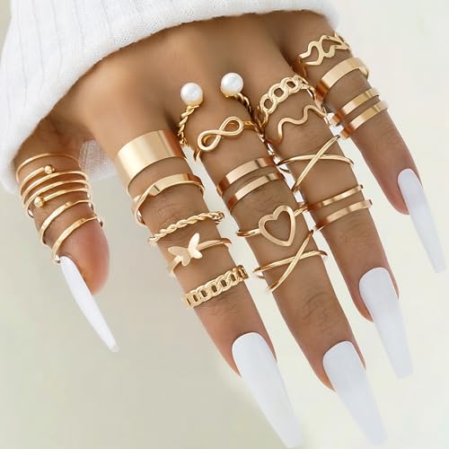 FAXHION 25 PCS Gold Stackable Rings Set for Women, Simple Twist Knuckle Finger Ring Trendy, Dainty Stacking Statement Thumb Rings Pack Jewelry Gift - color: B-gold