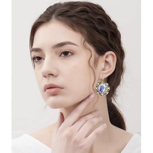 Handmade Bohemian Vintage Gold Sparkly Crystal Round Flower Leverback Earrings Cute Rhinestone Geometry Dangle Drop Earring for Women - color: Colorful White