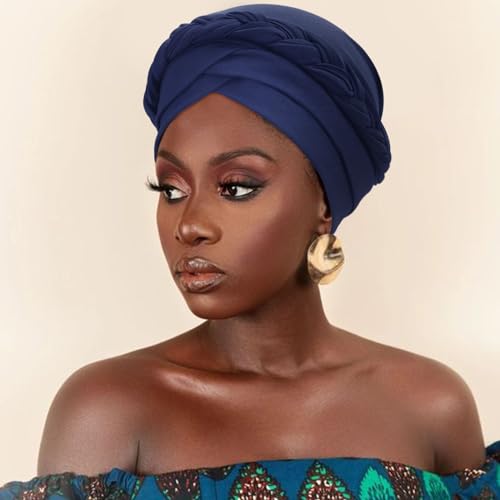 DRESHOW Turban Pre-Tied Twisted Hat Thread African Head Wraps for Black Women Chemo Cancer Cap Braid Hair Cover - color: 1 Pack Twisted Braid Hat: Navy Blue