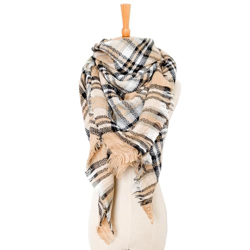 Wander Agio Womens Warm Long Shawl Winter Wraps Large Scarves Knit Cashmere Feel Plaid Triangle Scarf - color: Plaid White Camel 33