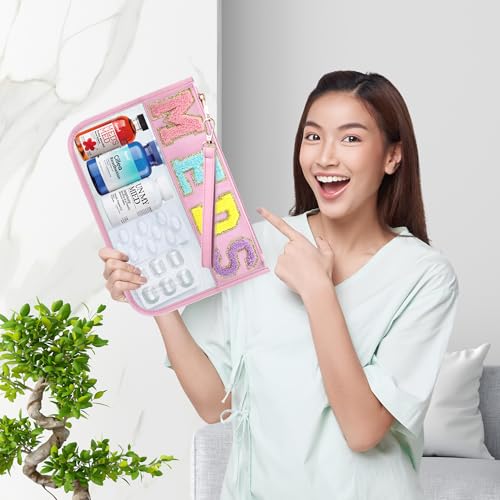 BuyCard Chenille Letter Clear Medicine Bags, Makeup Meds Bags, Preppy Patch Cosmetic Bag with Zipper&Wristlet, Waterproof PU&PVC Toiletry Medicine Storage Case, Portable Travel Drugs Pills Pouch Pink - color: Pink-Meds