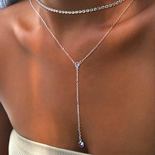 Luxval Lariat Silver Necklace for Women, Dainty Long Necklace Silver Y-Shaped Pendant Necklaces Trendy Beaded Chain Drop Necklaces Jewelry for Women Gifts - color: Silver-CZ Y Necklace