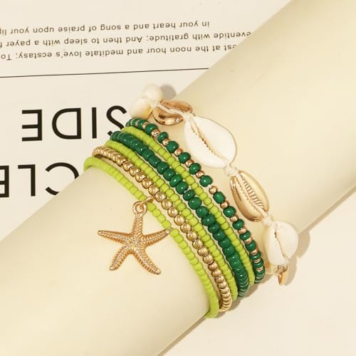 Shell Anklets Bracelet for Women Waterproof Surfer Starfish Bracelet Puka Shell Anklet Colorful Boho Stack Stretch Bead Bracelet Set Hawaii Summer Beach Vacation Foot Jewelry - color: Green