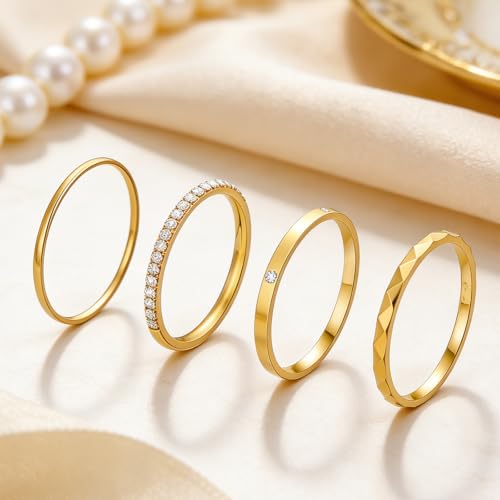 4-Pack 14K Gold Plated Stackable Rings for Women,Cubic Zirconia Simulated Diamond Oura Stack Rings for Oura Ring Gen 4/Oura Ring Gen 3,Dainty Trendy Statement Stacking Rings Set Size 5-10 - color: Gold, size: 6