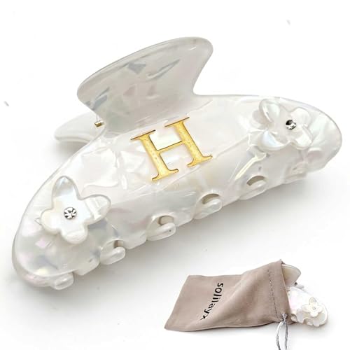 Iridescent Pearl Hair Claw Clip with Butterfly & Initial Charm, Fashionable Acrylic Hair Accessories for Women - color: H