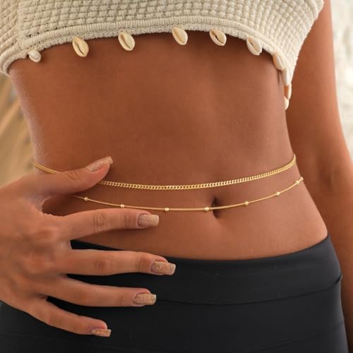 MFRYK 2PCS 14K Gold Plated Waist Chain Layered Pearl Cuban Beaded Satellite Figaro Belly Body Chain Boho Beach Waist Chains For Women Adjustable Waterproof Sexy Bikini Body Chain Jewelry For Women - style: Cuban Satellite Layered-Gold