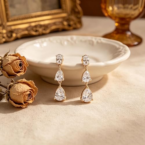 Pearl Earrings for Women, 14k Gold Plated Trendy Diamond Pearl Drop Earrings Hypoallergenic Dainty Bridal Gifts Wedding jewelry for Women - color: Teardrop-Rose Gold
