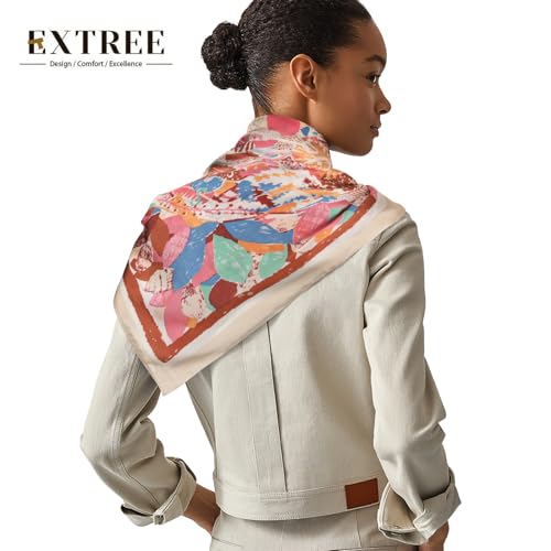 Relang Fashion Silk Satin Head Scarf for Women Hair Bandana Hair Scarf Wrap Neck Scarf for Women 27.5×27.5 inches - color: A Graffiti Red Flower Pink