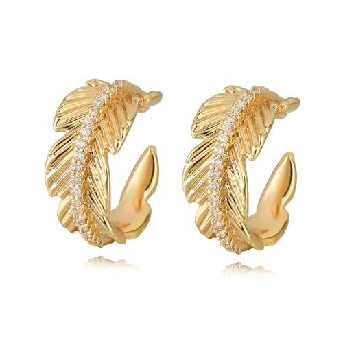 MTMY Gold Ear Cuff Earring for Women 14K Gold Plated Cubic Zirconia Non-Pierced Clip on Cartilage Chunky Ear Cuffs Hypoallergenic Jewelry - style: leaf / pair